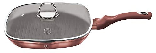 28cm Colorful Square Grill Pan Fry Frying Marble Non Stick Griddle Steak Kitchen Induction Appliances (Rose with Lid)