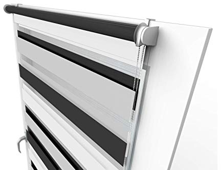 Aloha Doppelrollo Zebrarollo Duo Rollo Sonnenschutzrollo Klemmrollo Fensterrollo Sichtschutz Klemmfix ohne Bohren für Fenster & Türen (Trio: Grau-Schwarz-Weiß / 90x150cm / Breite x Höhe)