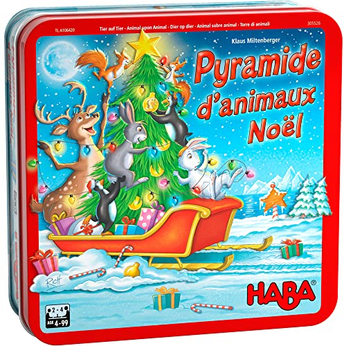 HABA - Pyramide der Tiere Weihnachts-Edition – Geschicklichkeitsspiel und Stapelspiel – Metalldose – 4 Jahre und älter – 305526 Rot