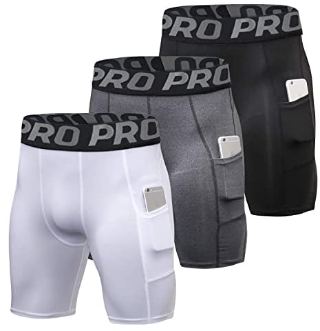 YUSHOW 3er Pack Kompressionsshorts Herren Kompressionshose Sporthose Kurz Schnell Trocknend Atmungsaktive Kurze Radlerhose Sommer Männer Laufhose Funktionsunterwäsche mit Taschen