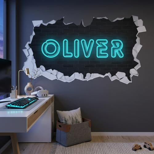 Wandtattoo, personalisierbar, Neon-Name, gebrochener Name, Kunst, Aufkleber, Kinderzimmer, Wandbild, 180 cm Breite x 90 cm Höhe