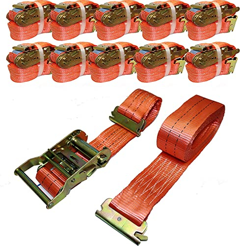 NTG Lot de 10 sangles d'arrimage pour rail d'ancrage combiné avec cliquet 2000 kg | daN | 5 m de long | 50 mm de large | En deux parties | Sangle à cliquet