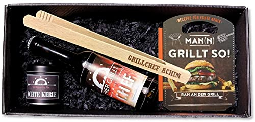 Geschenkbox 'Grillchef'- Grillzange mit hochwertiger Gravur zur Auswahl - Bier - Grillbuch - Vatertag -Geburtstag - BBQ -, Grillzangen Namen:Alex
