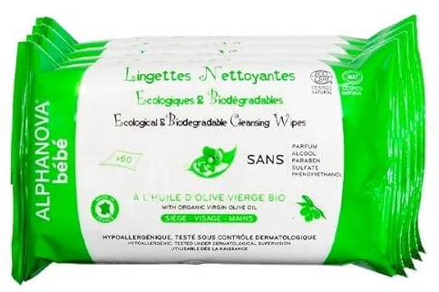 Alphanova Bébé Reinigungstücher, umweltfreundlich, 100 % pflanzlicher Herkunft, biologisch abbaubar, 3 x 60 Stück