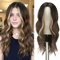 FESHFEN Lange Lockige Perücke, 55 cm Braun-Mischblond Perücke Mittelscheitel Frauen Perücken Natürlich Synthetik Perücken Damen Locken Wavy Wig Party für Party Täglich