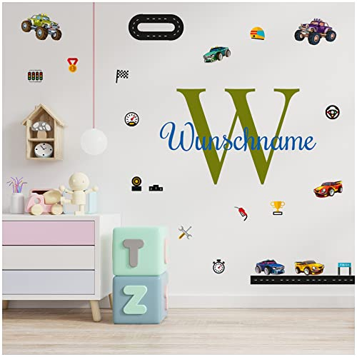 yabaduu Wandsticker personalisiert Sticker Aquarell Tiere mit Name Wandtattoo für Kinderzimmer Babyzimmer Spielzimmer Mädchen Junge Y037 (Nr. 23 Rennautos, Mit Wunschname)