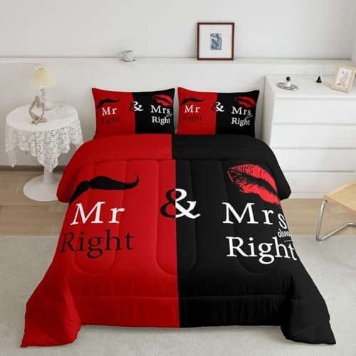 Feelyou Mr Mrs Bettwäsche-Set Schwarz Rot Kreatives Tröster-Set Liebe Mann Schnurrbart Frau Lippe Romantik Tröster Lustiges weißes Zitat für Liebhaber Paar Valentinstag Home Schlafzimmer Dekor
