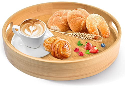 QINERSAW Bandeja Redonda de Bambú Natural Bandeja Redonda para Servir con Asas 30 x 30 x 5 cm Bandejas para Café Té Aperitivos Vasos Aperitivos Postres Fruta Aperitivo Pan