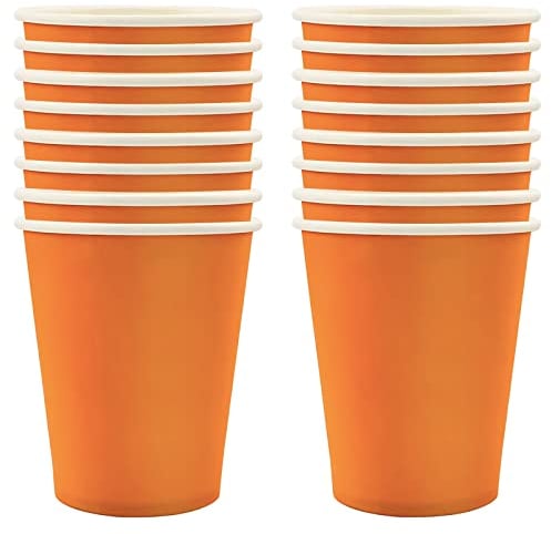 POPOYU 16 Pièces Gobelet Papier Jetable Orange,Table Papier Verre en Carton Joyeux Anniversaire,Gobelet de Fête Gobelet de Table en Gobelet Papier Mariage pour Cocktail,Boissons,Restauration