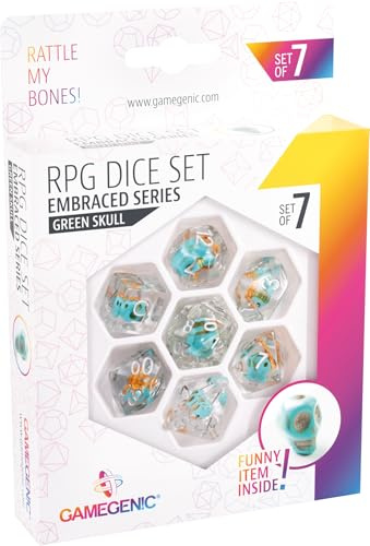 Gamegenic, Embraced Series – Green Skull – RPG Dice Set, Zubehör | Set aus 7 hochwertigen Resin-Würfeln, mit einzigartigen Elementen in jedem Würfel, Motiv: Grüner Schädel