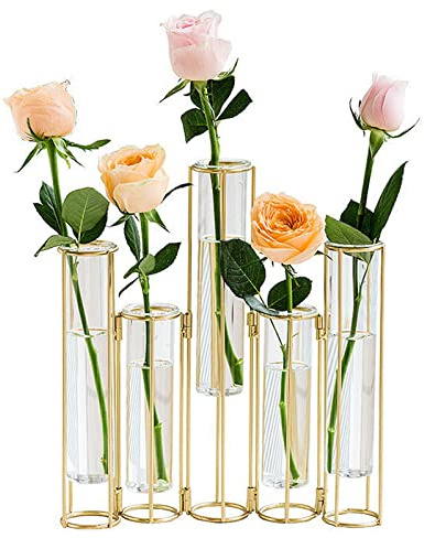 BEIJIALY Vase Tube à Essai pour Fleurs, Vase en Verre avec Support en Métal, Vases à Fleurs à Charnière Ensemble de 5, Arrangement de Fleurs Créatif Vase Nordique en Fer Doré Art Vase(Or)