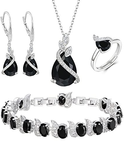 Clearine Teardrop Zirkonia Schmuck-Set für Outfit Halskette, Leverback Ohrringe Tennis Armband und einstellbare Ring Set Geschenk für Geburtstag/Valentinstag/Weihnachten Schwarz Silber-Ton