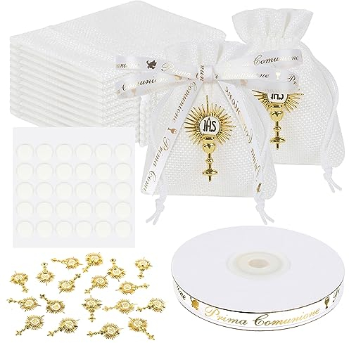 Gudotra Lot de 24 sacs à dragées avec rubans de première communion, 24 pendentifs, sacs transparents, sachets de dragées, jute, bonbonnières de communion, confirmation, baptême, naissance