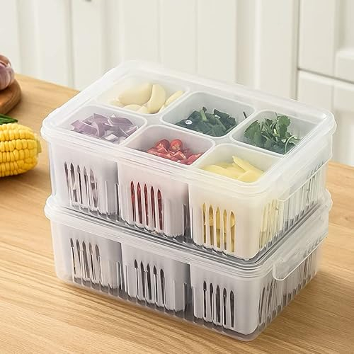 6-in-1 Aufbewahrungsbox für die Küche, Scallion Aufbewahrungsbox, wiederverwendbar, für Kühlschrank, Obst, Lebensmittel, frischhalten, abnehmbarer Abflusskorb, Gemüse