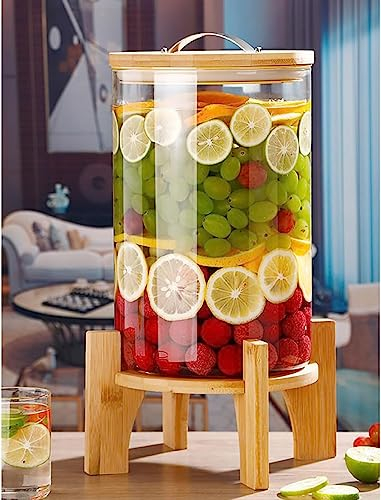 Distributeur de boissons en verre, pot de boisson 5L/8L/10L avec robinet en acier inoxydable et support en bois, remplissage facile à large bouche, pour boissons chaudes ou froides, punch, eau glacée