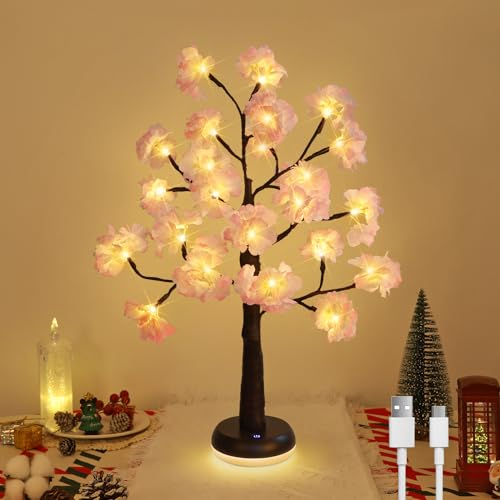 Albero di ciliegio illuminato, 24 luci a LED, fiori di ciliegio artificiali, decorazione da tavolo, luce notturna fiabesca, decorazione domestica per comodino, matrimonio, soggiorno, ristorante