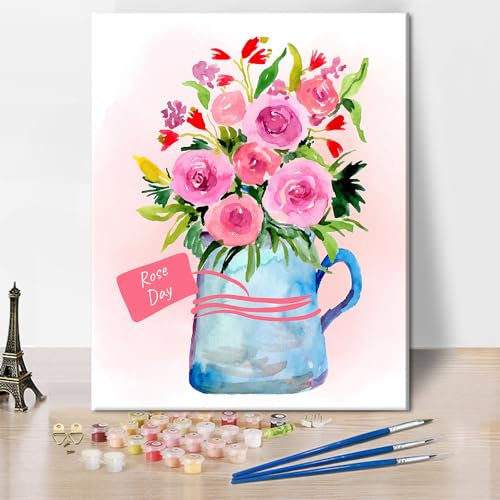 TISHIRON Blume Malen nach Zahlen Erwachsene Anfänger und Kinder Rose Erwachsene Malen nach Zahlen Kits auf Leinwand mit Pinseln und Acryl Pigment Kunsthandwerk für Zuhause 16 x20(Frameless)