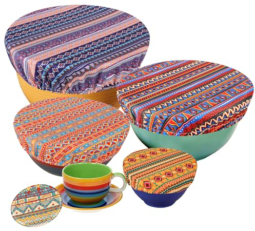 PHOGARY 5 Couvercles de Bol Réutilisables, Couvercles en Tissu Imperméables pour Le Bol à Salade en Verre, Le Pot, Les Melons (Fit 2.7-14 Pouces), la Bordure Élastique (Aztèque)