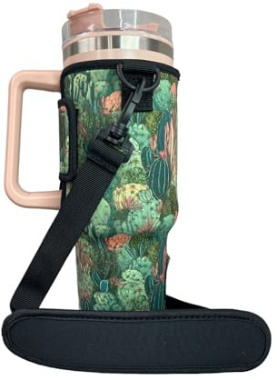 Lit Handlers 40oz Tumbler Holder - Neoprene Coffee & Tea Sleeve w/Handle - Insulated Cover & Water Resistant Beverage Holder for Large to XL Tumblers, Handler Sleeve, Coral Cactus