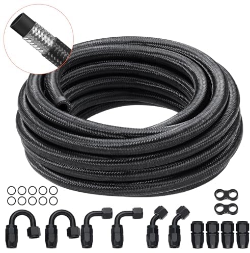 VEVOR Kit Tuyau d'Essence 6AN Durite Essence Ø 14 mm Longueur 6,1 m Tressée en Nylon et Inox Conduite de Carburant Gasoil avec 12 Adaptateurs Raccords Pivotants pour Moteur Voitures Motos Tracteurs