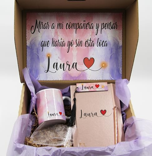 Pack de regalos mujer personalizado, taza de cerámica, margapaginas, agenda y caja decorada personalizada