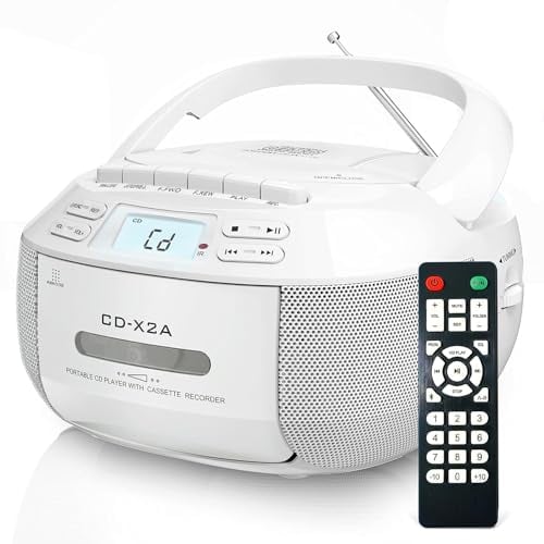 Greadio Portable CD Player with Speakers, Boombox Cassette Player with Bluetooth, FM Radio, USB/AUX Playback, LCD Display, Remote Control, Tape Recording, Battery or Mains Powered, Headphone Jack