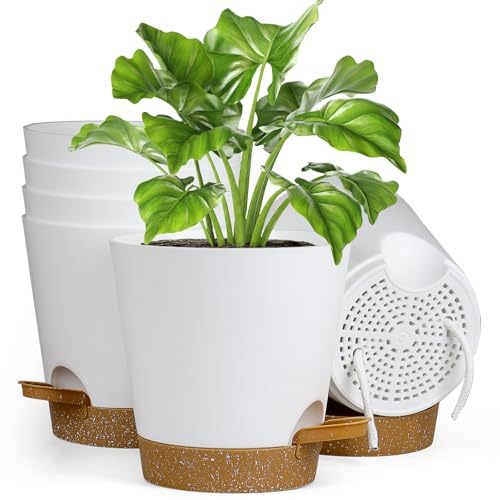 Homeuouz 6 Packs Blumentopf Selbstbewässernd, 17.8cm Pflanzentopf mit Bewässerungssystem, Übertopf mit Brown Untersetzer, Blumentöpfe Set Ideal für Innen und Balkongärten, Weiß