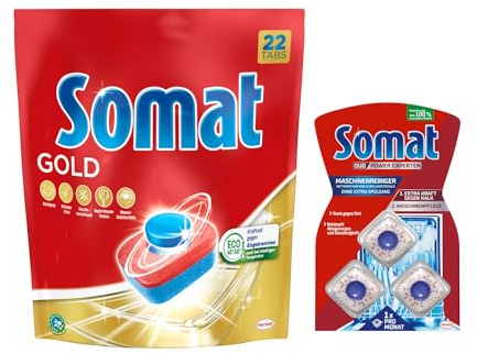 Somat Tabs 8x22 (176) AW Gold, Geschirrspül Tabs für strahlend sauberes Geschirr auch bei niedrigen Temperaturen + Somat Duo Power Experten 3 AW Maschinenreiniger 57g