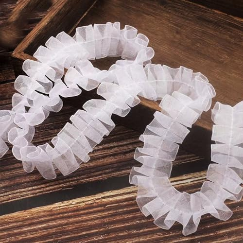TUKEVA Spitzenband Gerafftes 13 m langes 2,5 cm Breite(Weiße) | Spitzenborte Plissierter Plissee Organza Spitzenband Elastizität Plissierte Spitze für DIY Nähen Handwerk Hochzeit Deko