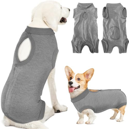 Lukovee Combinaison de convalescence pour chiens, mâles, femelles, plaies abdominales, collerette électrique, alternative au léchage et aux stérilisations, gris, taille M