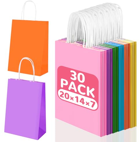 Williyatt Lot de 30 Sacs en Papier Kraft Colorés 20 x 14 x 8 cm, Sacs Cadeaux en Vrac avec Poignées pour Anniversaires d'enfants, Mariages, Articles de Fête, Baby Showers, Travaux Manuels