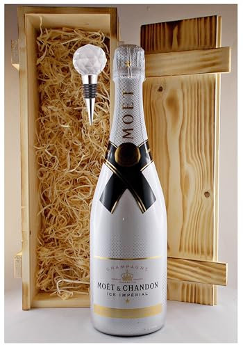 Geschenk Champagner Moet & Chandon Ice Imperial + Flaschenverschluß in geflammter Holzkiste