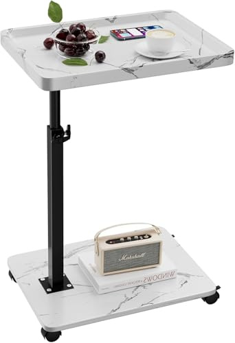 XNSDXV Beistelltisch mit Rollen, Beistelltisch Höhenverstellbar haben 360° Rotierend, C-Form Sofa Tisch fürs Wohnzimmer, Schlafzimmer, Kleiner Couchtisch für Sofa, Couch, Kaffee (Weißes Marmormuster)