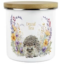 Purely Home Floral Hedgehog Decaf Tea Storage Canister - Pretty Wildlife Creatures & Foliage Homewares Gifts - White Metal Enamel Medium Sized Kitchen Food/Drinks Storage Container