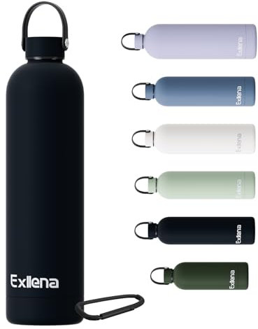 Exllena 1l Black Water Bottles Metal with Handle Lid and Carabiner, Double Wall Vacuum Drinks Bottle Keeps Drinks Cold 24 Hrs/Hot 12 Hrs, Stainless Steel Water Bottle BPA Free(Black)