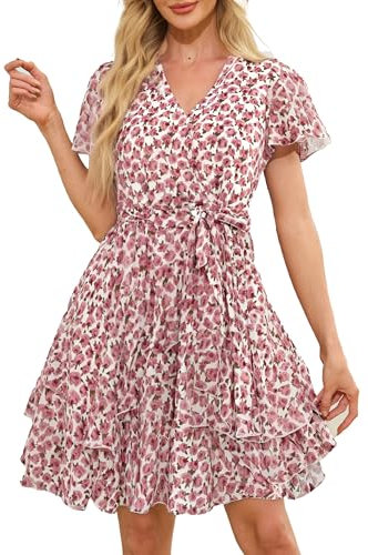 Jiraewh Damen Chiffon Kurz Kleid V-Ausschnitt Kurzarm Sommerkleid Rose Blume Elegant Rüschen Minikleid Casual Swing Skater Kleid Hohe Taille Partykleid Wickelkleid mit Gürtel (5086-PK Rose S