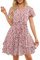 Jiraewh Damen Chiffon Kurz Kleid V-Ausschnitt Kurzarm Sommerkleid Rose Blume Elegant Rüschen Minikleid Casual Swing Skater Kleid Hohe Taille Partykleid Wickelkleid mit Gürtel （5086-PK Rose S