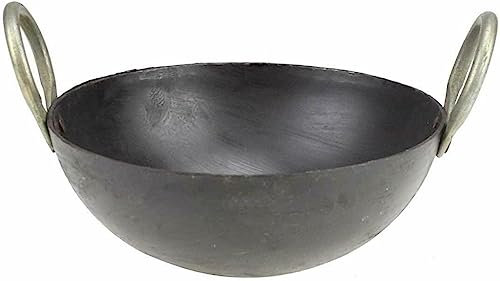 Housetronics Traditional Iron Karahi Wok with Handles, Round Base, Heavy Duty Kadai Pan Balti Dish | 9 Inch