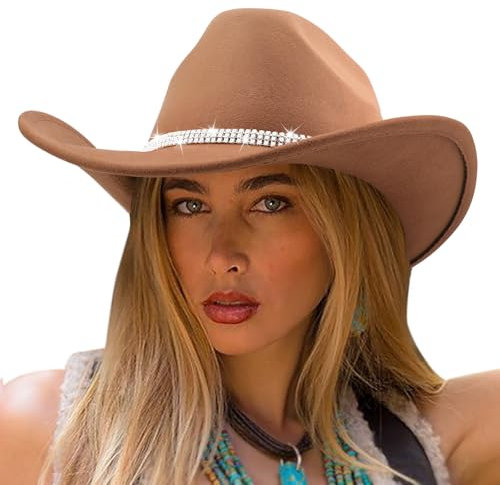 DRESHOW Western Cowboy Cowgirl Hut mit Glänzendem Strassband für Herren Damen Fedora Panamahut