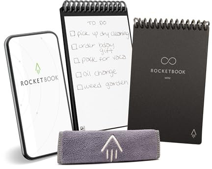 Rocketbook Mini Reusable Smart Notepad, Pocket Size Notebook 8.9 x 14 cm, Black - 48 Dotted Pages, App-Connected, Erasable, Ideal for On-The-Go List Taking & Quick Notes Anywhere
