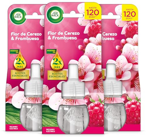 Air Wick Pack de 3 Recambios para Ambientador Eléctrico con aroma a Flor de cerezo y Frambuesa, infusionado con 2 veces más aceites esenciales