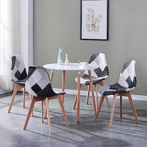 Modernes Esstisch-Set mit 4 gepolsterten Patchwork-Stühlen, runder weißer Tisch, stilvolle Küchenmöbel, perfekt für Esszimmer, schwarze Stoffsitze
