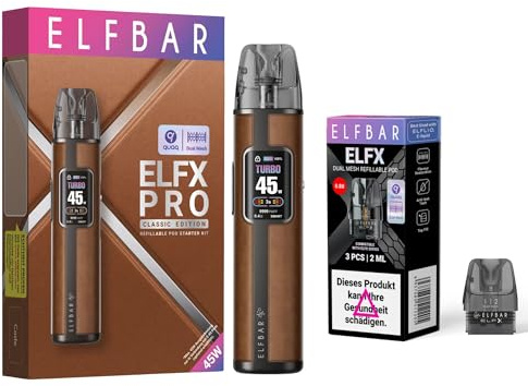 ElfX Pro Pod Kit, 1200 mAh Akkuträger Elfbar Pod Mod, nachfüllbares Kunstleder Basisgerät, LED Display, 2 Dampfmodi, TypeC Ladelkabel, Dual Mesh, Nikotinfrei ohne Eliquid, Cowboy Braun + 0,8 Ω Pods