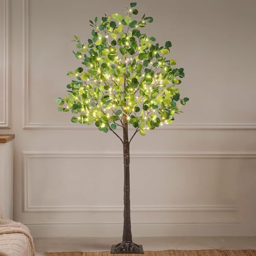 LOGT Lampe LED en Feuille d'Eucalyptus, Alimentée par USB Lampe Artificielle en Eucalyptus Blanc Chaud, Vintage Lumineuse Intérieur et Extérieur Décoration Lumière d'Arbre Plantes Vertes,120cm