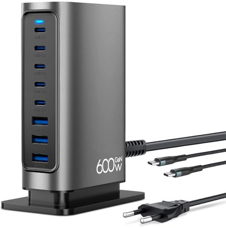USB C Ladestation Mehrfach, 600W 8-Port USB Ladegerät GaN Ladestation USB-C Netzteil PD140W Laptop Schnellladegerät für MacBook Pro/Air, Dell XPS, iPad Pro/Air, iPhone 16/15Pro/14/13, Galaxy S24/S23
