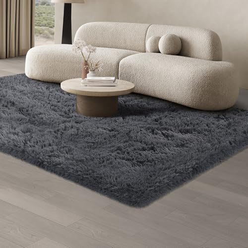JOJOSEE Hochflor Teppich Wohnzimmer, 140 x 200 cm, Grau | Anti-Rutsch Wohnzimmerteppich, Waschbarer Flauschiger Teppich für Schlafzimmer & Kinderzimmer