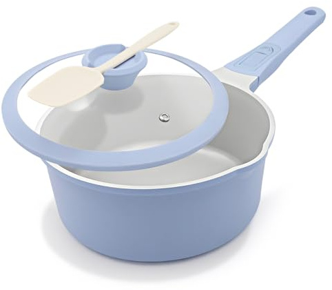 AIKENBBKK Casserole en Céramique 20 cm avec Couvercle, 2.5L- Bleu clair | Revêtement Anti-adhésif en Céramique Casserole avec Poignée Amovible, Sans PTFE et PFOA
