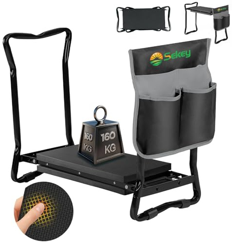 Sekey Höhenverstellbare Kniebank für Gartenarbeit Belastbarkeit 160KG, Gartenhocker Klappbar mit Werkzeugtaschen, Kniehilfe für Gartenarbeiten 60 * 50 * 28 cm, Schwarz (Standard)
