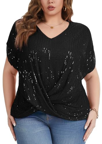 Kyzoeyou Große Größen Damen Pailletten Glitzer Tops Oberteil Kurzarm V-Ausschnitt T-Shirt Bluse Lose Freizeit Party Tunika