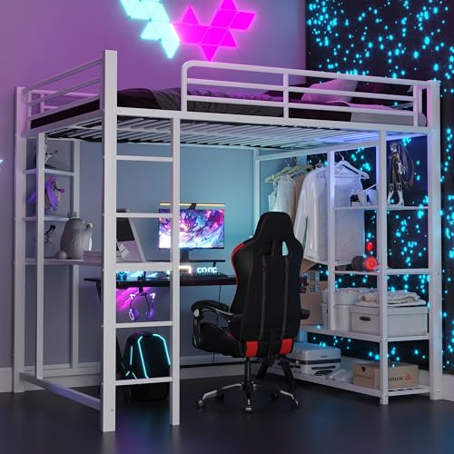 vutizal Hochbett 140x200 cm Weiß mit Schreibtisch und Schrank | Stauraumbett für Jugendzimmer & Studentenwohnungen | Metallbett mit Sicherheitsleiter | Platzsparend für kleine Räume